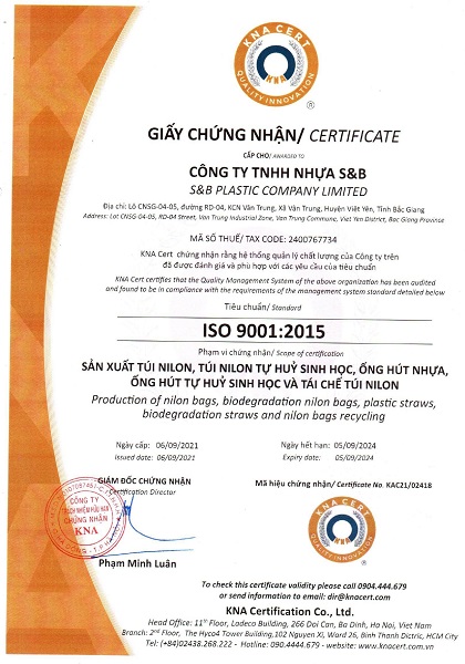 ISO 9001:2015 - Nhựa S&B - Công Ty TNHH Nhựa S&B